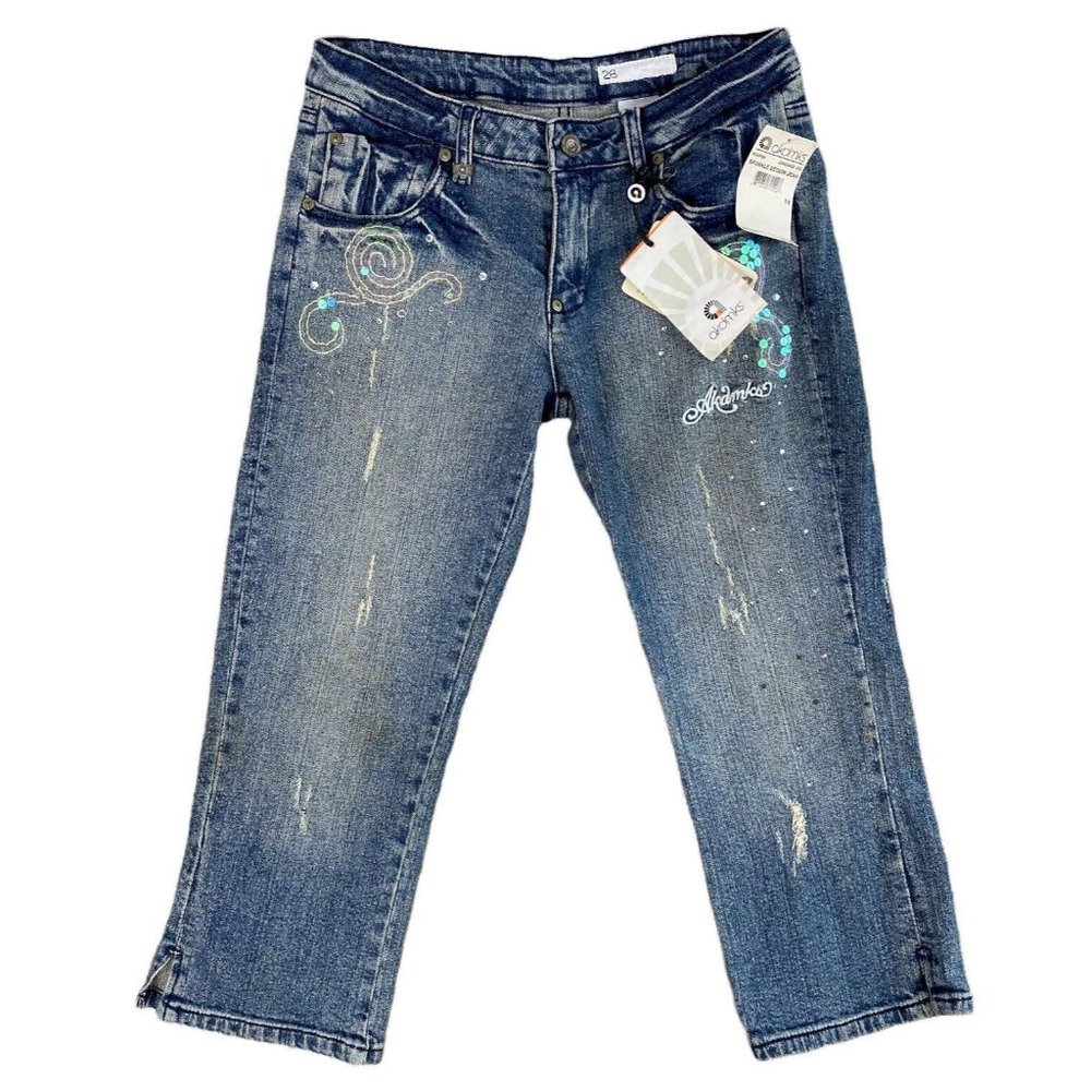 Akdmks Womens Capris Cracked Ice Sparkle Sequin Distressed Dirty Wash Jean Sz 28